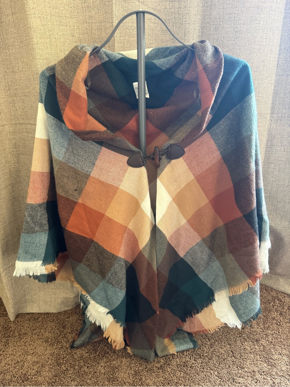 Plaid Hooded Wrap Coatigan in Rust, Teal & Cream